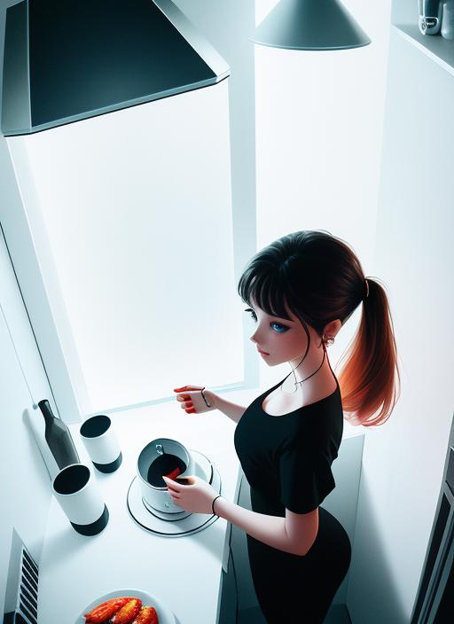 00046-3962494517-dreamlikeart analog style mdjrny-v4 style (from above _1.1) beautiful girl  standing in kitchen, looking at camera, night scene,.png